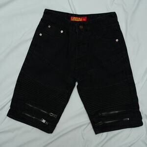 Kaalu Boys Size 12 Black Moto Denim Shorts Biker Ribbed Zipper Stretch